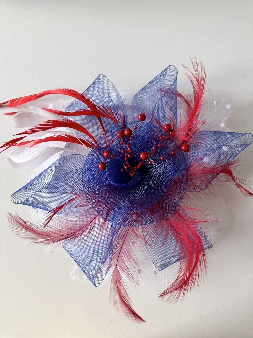 Red/White/Blue Feather Mesh Fascinator Hat Clip/Band Wedding Tea Cocktail Party
